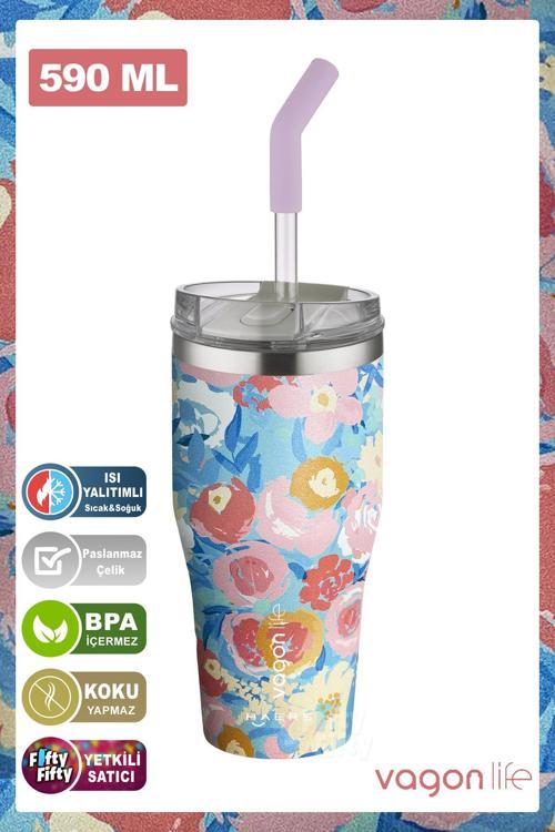 Tumbler Özel Desenli Cup 590 ML Vakumlu Paslanmaz Çelik Termos Pipetli/Rahat İçim -FFVGN1001-590ML