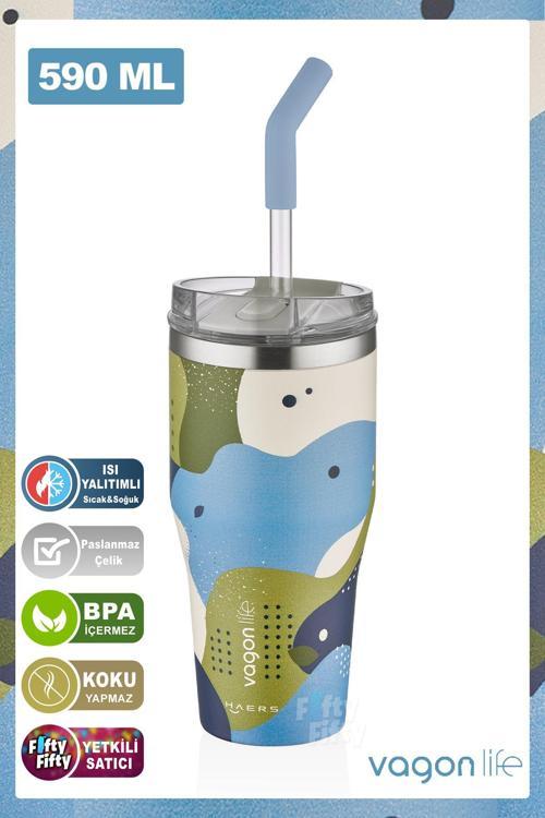 Tumbler Özel Desenli Cup 590 ML Vakumlu Paslanmaz Çelik Termos Pipetli/Rahat İçim -FFVGN1001-590ML