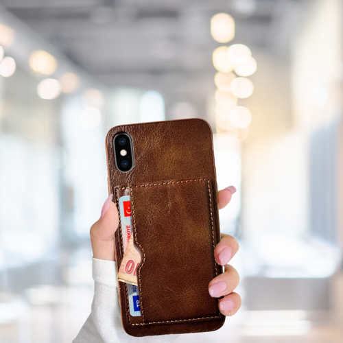 İPHONE X KARTLIKLI STANDLI GLASE LÜX DERİ KILIF KAHVERENGİ