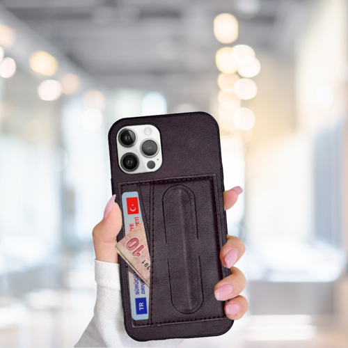 İPHONE 12 PRO MAX KARTLIKLI STANDLI LÜX DERİ KILIF MOR