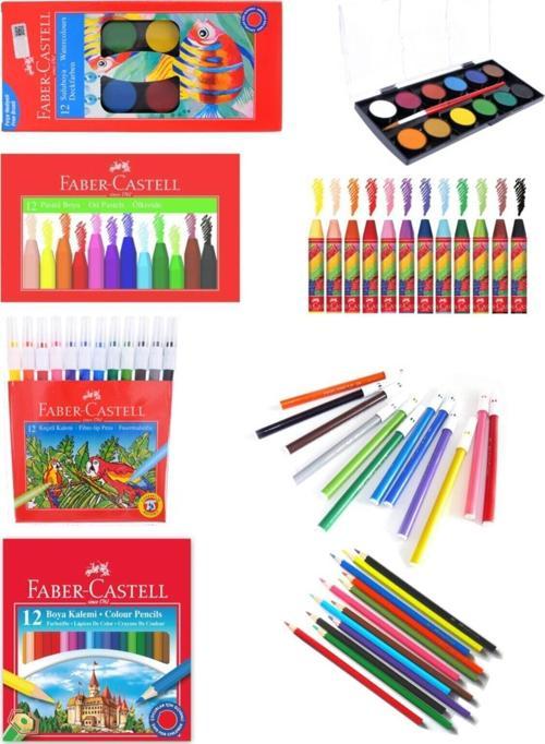 Faber-Castell Okul Seti 3 - Kuruboya Suluboya Keçeli Kalem Paste Boya ( 12 Renk ) B.S