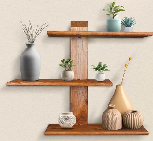 Dekoratif Ahşap 3 Raflı Duvar Rafı Kitaplık Çiçeklik Biblo Rafı 60x48x18 Cm