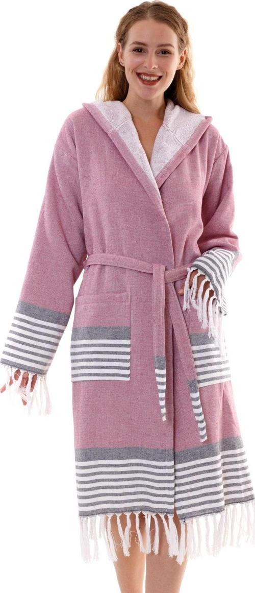 Pamuklu Kapüşonlu Unisex Pembe Havlu Peştemal Bornoz | Büyük Beden Bornoz(S-M-L-Xl-2Xl-3Xl-4Xl)