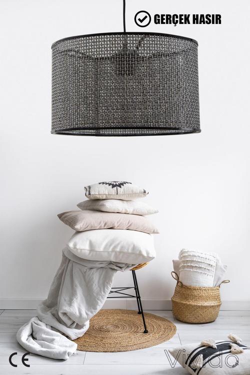 Wicker Siyah-Beyaz Hasır Sarkıt Avize 38Cm