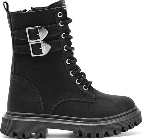 Kız Çocuk Siyah Termo Taban Yanı Toka Detaylı Bağcıklı ve Fermuarlı Uzun Bot