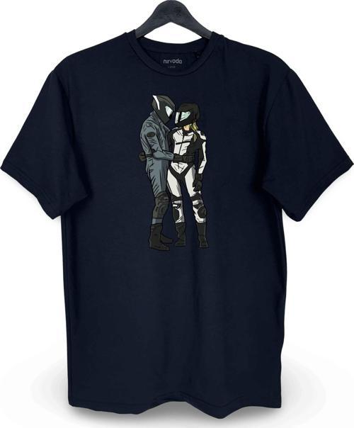 Motorcu Sevgililer Baskılı Loose Fit Bisiklet Yaka Unisex Tişört