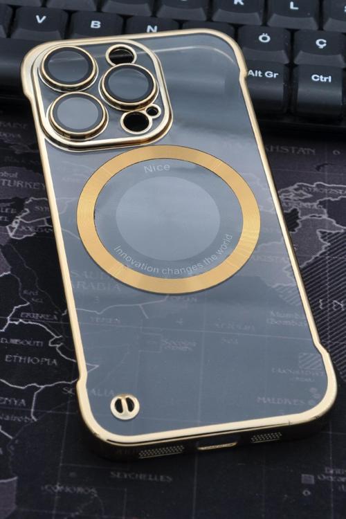iPhone 14 Pro Uyumlu Altın Sarı Gold Renkli İnce Kenarlı Şeffaf Sert Kapak Kılıf