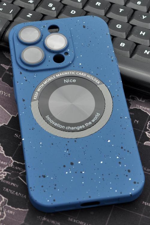 iPhone 14 Pro Uyumlu İnidgo Mavi Benekli Desenli İnce Sert Kapak Kılıf Kamera Lens Korumalı