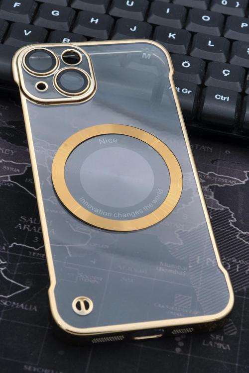 iPhone 14 Uyumlu Altın Sarı Gold Renkli İnce Kenarlı Şeffaf Sert Kapak Kılıf