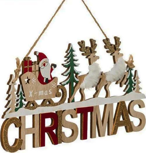 Ahşap Dekoratif Kürklü Geyikleri, Kızaklı Noel Babası ile Christmas Kapı Süsü 30 cm