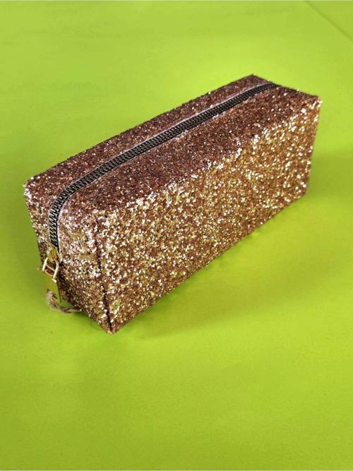 Premium Bakır Simli Renkli Çanta Okul Kalemlik Makyaj Çantası Fermuarlı Plaj El Çantası 20x9x6 Cm Bakır