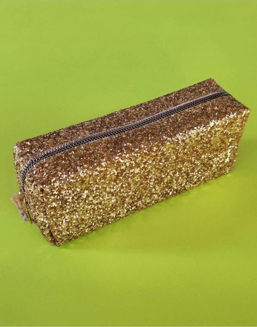 Premium Gold Simli Renkli Çanta Okul Kalemlik Makyaj Çantası Fermuarlı Plaj El Çantası 20x9x6 Cm Gold