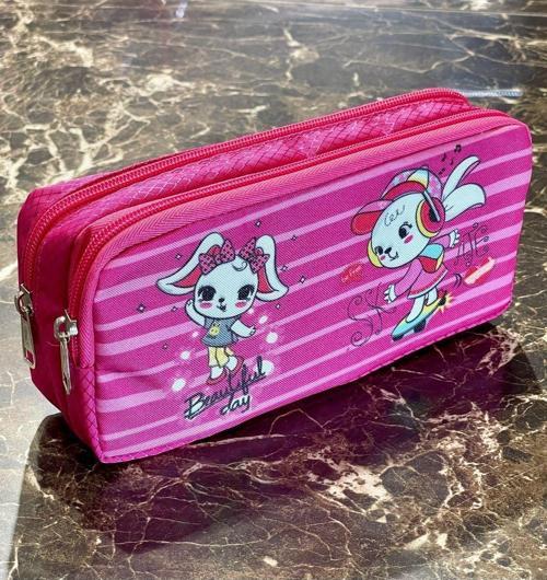 Tavşan Desenli İki Bölmeli Çocuk Okul Pembe Kız Kalemlik Kalem Kutusu 21 x 11 x 6 cm Pembe