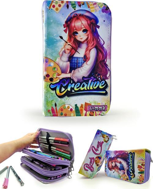 Kalem Kutusu Ressam Kız Resim Kawai Organizer Kalemkutu Vegan Deri Üç Bölmeli Kalemlik -Mor
