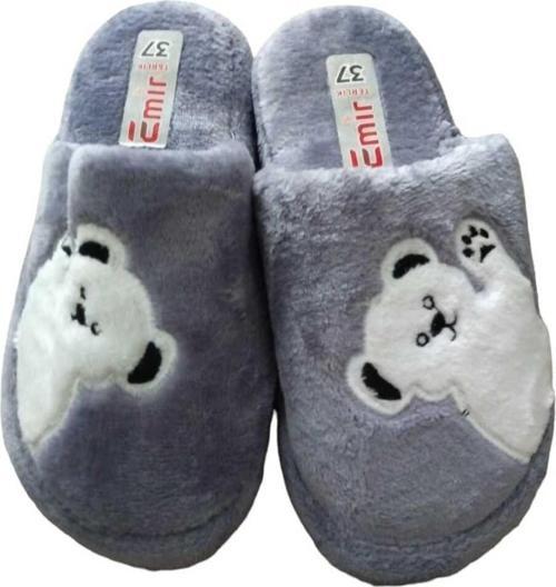 Peluş Panda Desenli Ev Terliği Gri