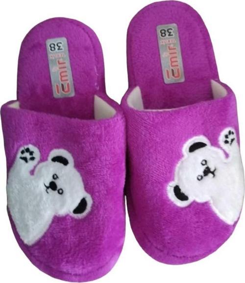 Peluş Panda Desenli Ev Terliği Mor