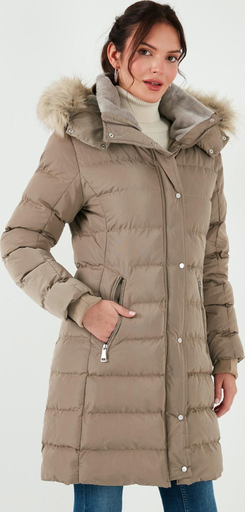 Regular Fit Çıkarılabilir Kapüşonlu Fermuarlı Cepli Şişme Bayan Mont 497EMİLY KOYU BEJ