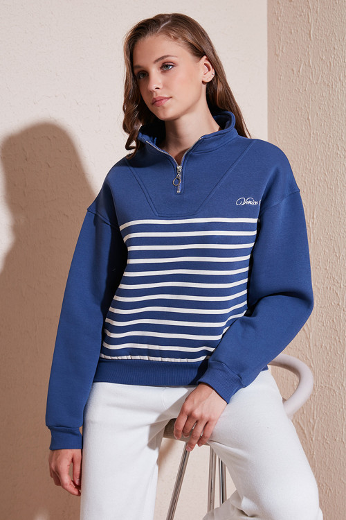 Streç Oversize Fit Yarım Fermuarlı Dik Yaka Bayan Sweat 5865883 İNDİGO