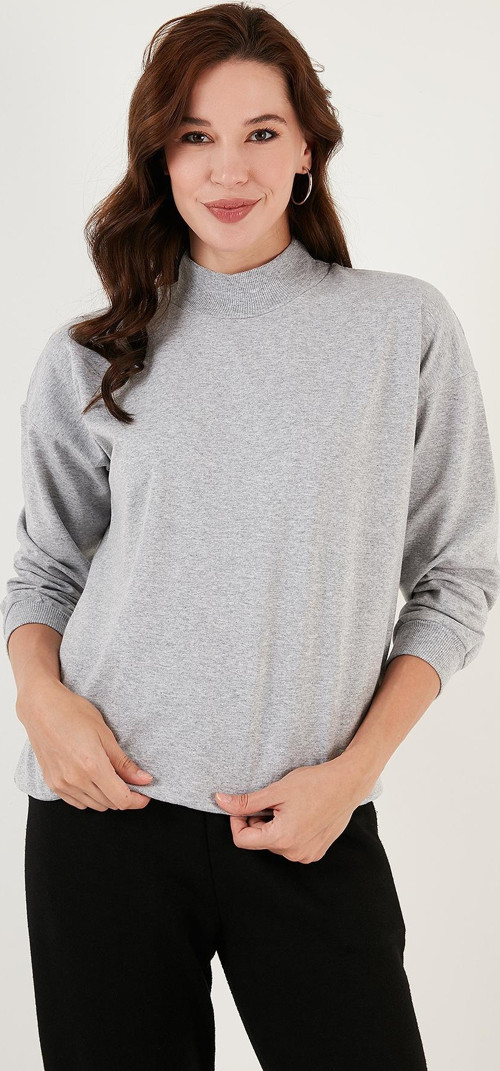 Pamuklu Dik Yaka Basic Örme Bayan Sweat 5863323 GRİ MELANJ