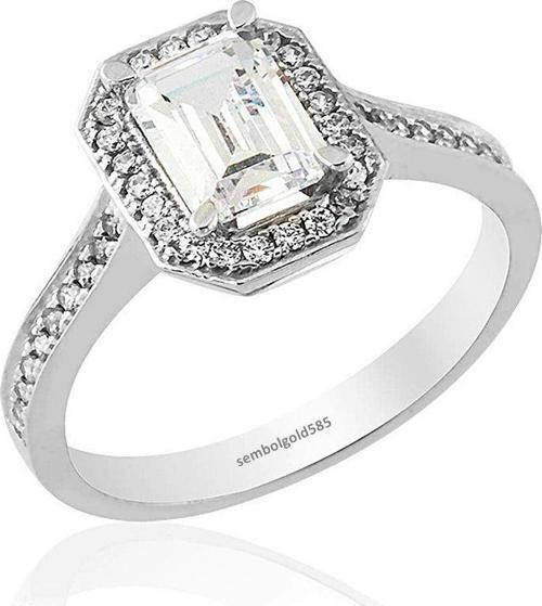 Baget Taşlı Beyaz Altın Tektaş Yüzük 14K Gold