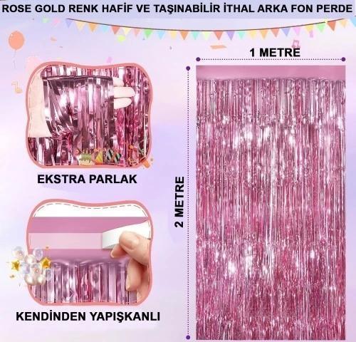 Ekstra Metalize Parlak Saçaklı Arka Fon Perde Rose Gold