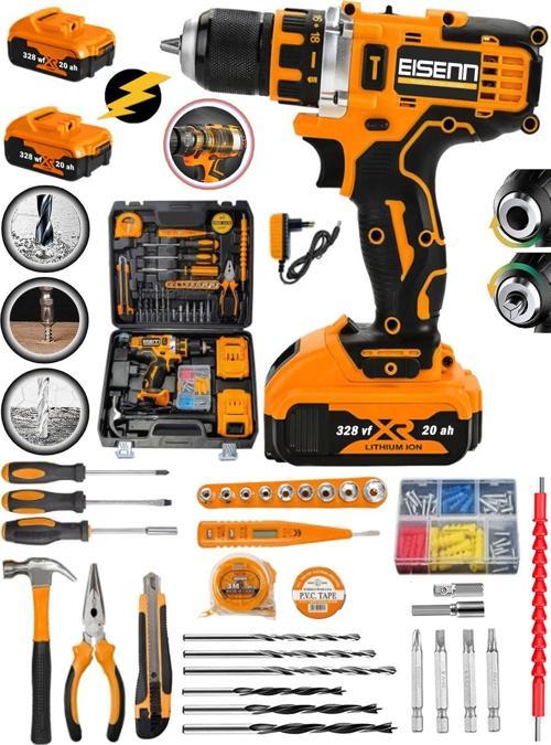 Alman 328 Vf 20 Ah Darbeli Metal Mandren Bakır Sargı Vidalama Matkap Çift Akülü 100 Pcs Set Hediyeli