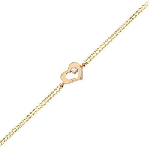 Altın Zincir Kalp Bileklik 14K Rose Gold Taşlı