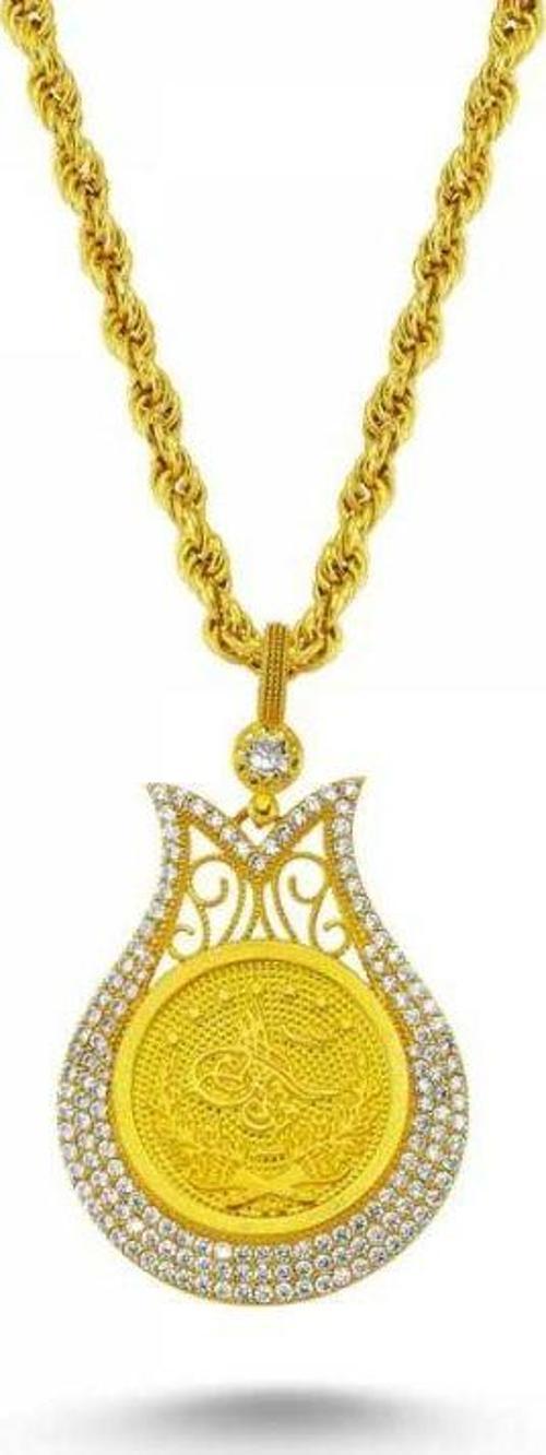 Altın Osmanlı Tugralı Taşlı Kolye Lale Model
