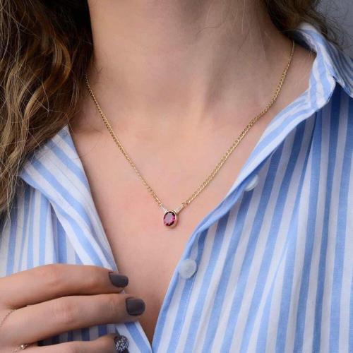 Granada Altın Kolye 14 Ayar Ruby Taşlı Gurmet Zincir 50 Cm