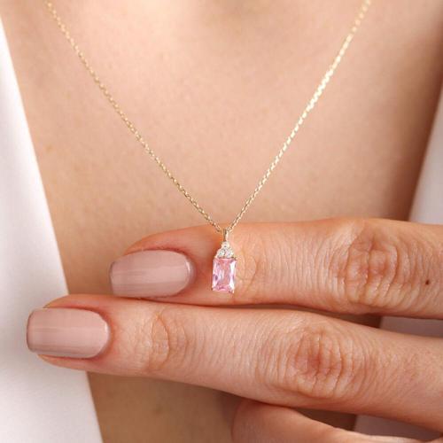 Altın Baget Kolye Pink Topaz