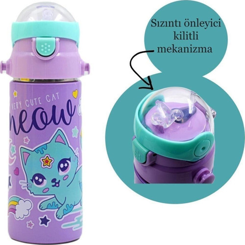 Kedili Cat Pipetli Çocuk Çelik Suluk Matara 550ml Mt23477