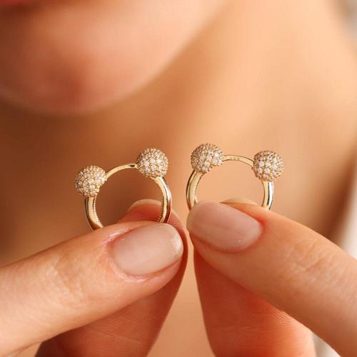 Altın Halka Küpe Taşlı Top Detay 1.3 cm