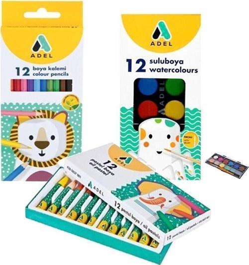 3 Lü Boyama Seti - 12 Li Kuru Boya + 12 Li Sulu Boya + 12 Li Pastel Boya