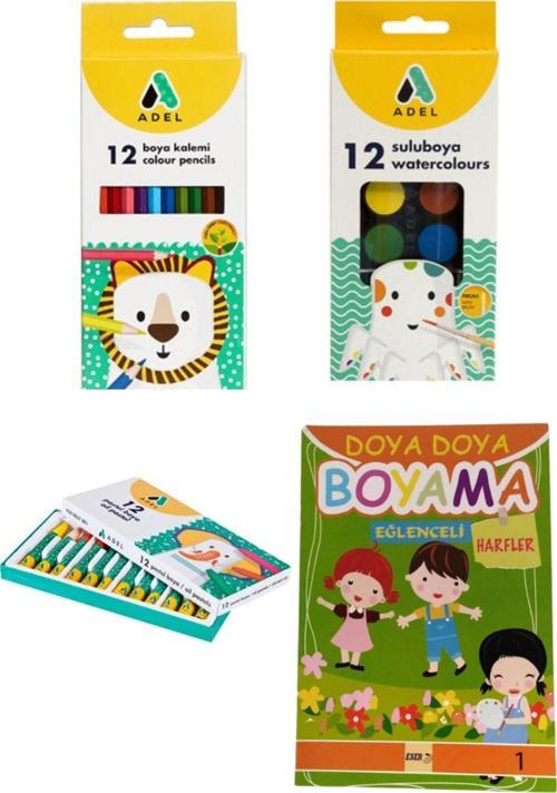 Pastel Boya + Uzun Kuru Boya + Sulu Boya + Harfler Boyama Kitabı Boyama Seti