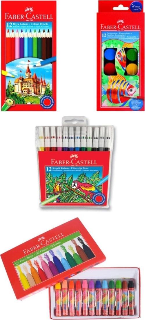Faber-Castell Kuru Boya Set 12'Li, Paste Boya Set 12'Li, Keçeli Kalem 12'Li, Suluboya 12'Li Okul Set