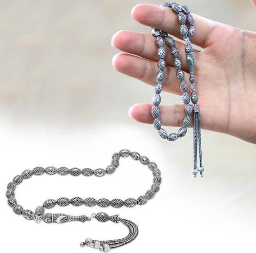 Üçlü Kamçı Püsküllü Telkari Tasarım Ayyıldız Detaylı Arpa Kesim Eskitme Renk 925 Ayar Gümüş Tesbih