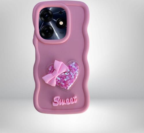 Tecno Spark 10 Pro  Renkli Kalp Kurdele Detaylı Simli Dalgalı Sweety Kılıf PEMBE