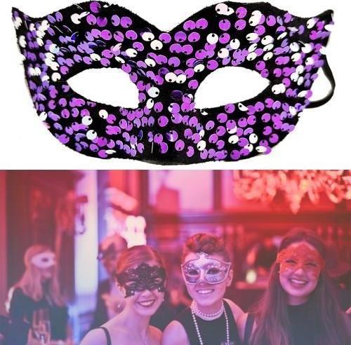 Mor Renk Arkadan Lastikli Pul Payet İşlemeli Balo After Parti Maskesi