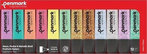 Fosforlu Kalem 12 li Renk 6 Pastel + 6 Simli Blisterli Set