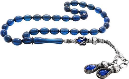 1000 Ayar Gümüş Kazaz Püsküllü Arpa Kesim Lacivert Sıkma Kehribar Tesbih