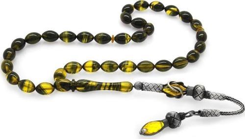 1000 Ayar Gümüş Kazaz Püsküllü Arpa Kesim Sarı-Siyah Ateş Kehribar Tesbih