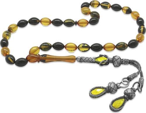 1000 Ayar Gümüş Kazaz Püsküllü Arpa Kesim Sarı-Siyah Ateş Kehribar Tesbih