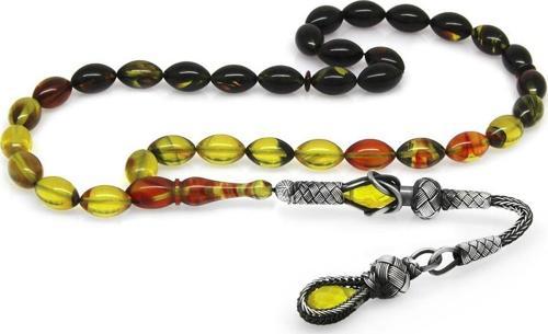 1000 Ayar Gümüş Kazaz Püsküllü Arpa Kesim Süzme Bala-Siyah Ateş Kehribar Tesbih