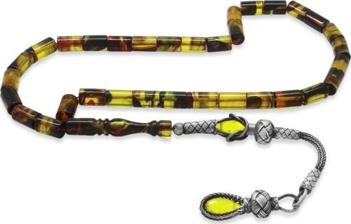 1000 Ayar Gümüş Kazaz Püsküllü Kesme Kesim Bala-Siyah Ateş Kehribar Tesbih