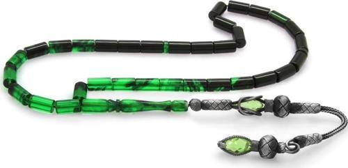 1000 Ayar Gümüş Kazaz Püsküllü Kesme Kesim Süzme Yeşil-Siyah Ateş Kehribar Tesbih