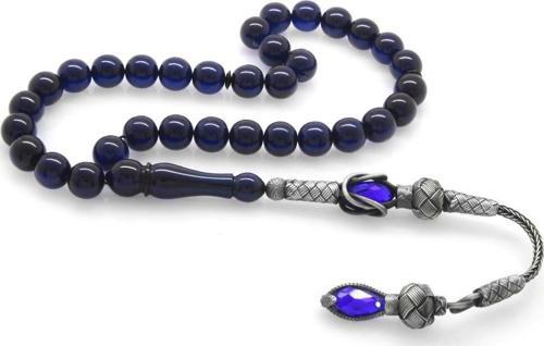 1000 Ayar Gümüş Kazaz Püsküllü Küre Kesim Lacivert Sıkma Kehribar Tesbih