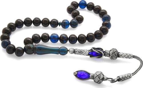 1000 Ayar Gümüş Kazaz Püsküllü Küre Kesim Mavi-Siyah Sıkma Kehribar Tesbih