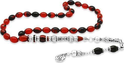 925 Ayar Gümüş Kral Püsküllü Nakkaş İmameli Lale Tasarım Kırmızı-Siyah Ateş Kehribar Tesbih