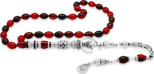 925 Ayar Gümüş Kral Püsküllü Nakkaş İmameli Nargile Tasarım Kırmızı-Siyah Ateş Kehribar Tesbih