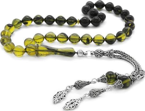 925 Ayar Gümüş Püsküllü İstanbul Kesim Süzme Sarı-Siyah Ateş Kehribar Tesbih